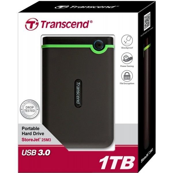 Transcend 1 TB External Hard Drive StoreJet M3 Military Drop Tested USB 3.0